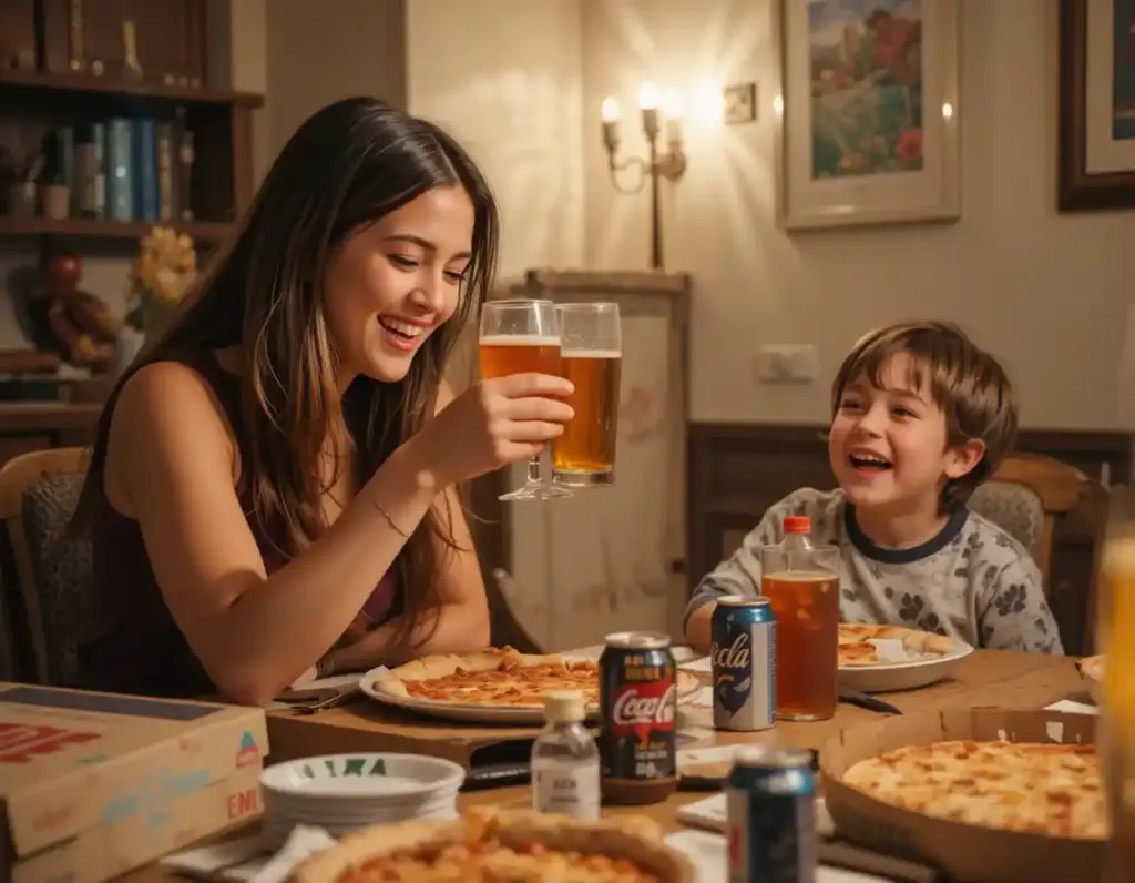 A birthday dinner scene with a sibling giving a light-hearted toast while the brother laughs with friends.