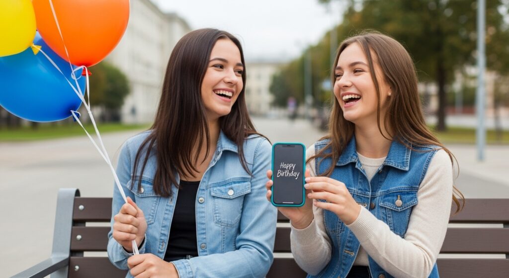 Two teenage sisters laughing outdoors with birthday balloons and a phone showing a sweet birthday message.

