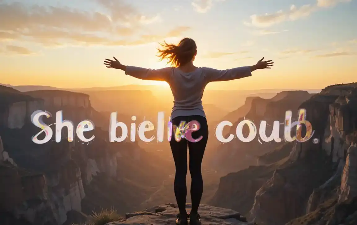 50 Inspirational Quotes for Women to Empower Your Day — a woman standing on a cliff at sunrise with the quote “She believed she could, so she did.”