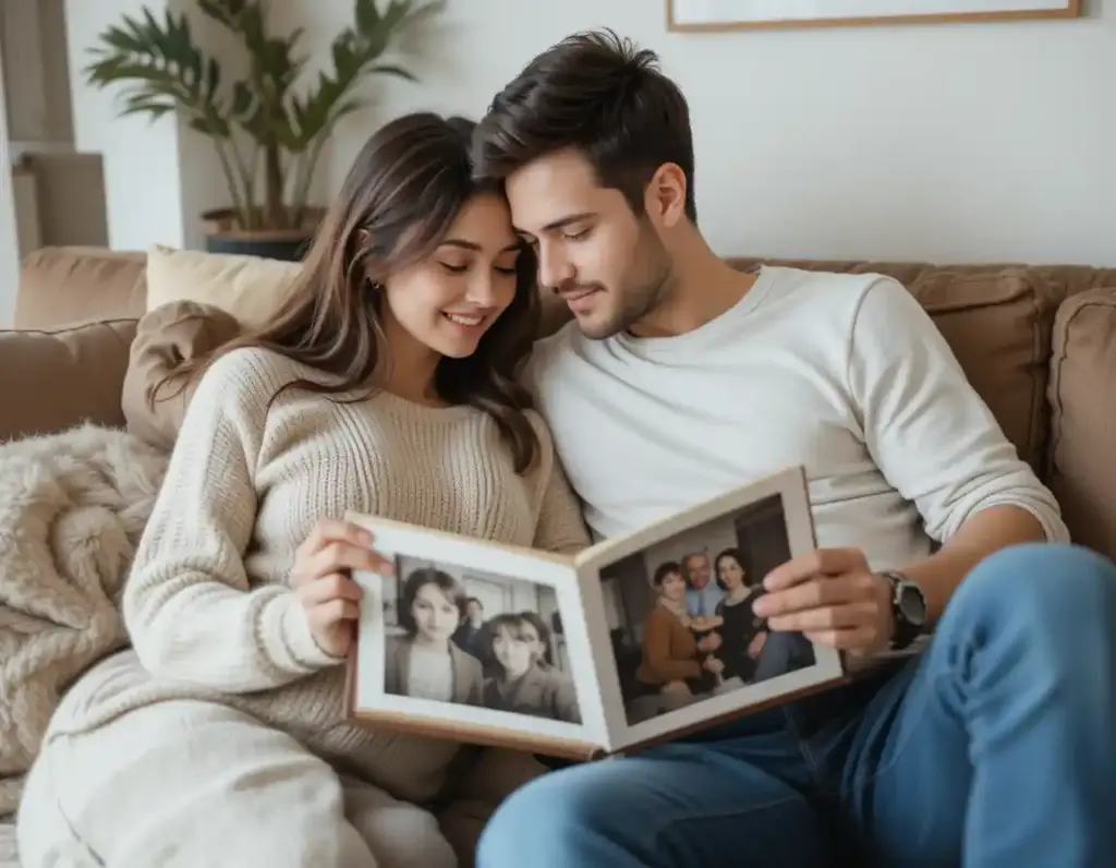 A couple sharing an anniversary moment on the couch with a framed Emily Brontë quote in the background.