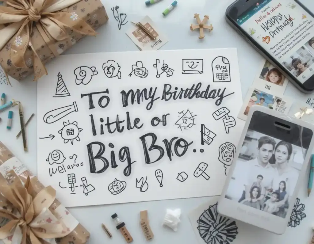 A birthday card for a brother surrounded by childhood photos, a phone message, and inside joke doodles.