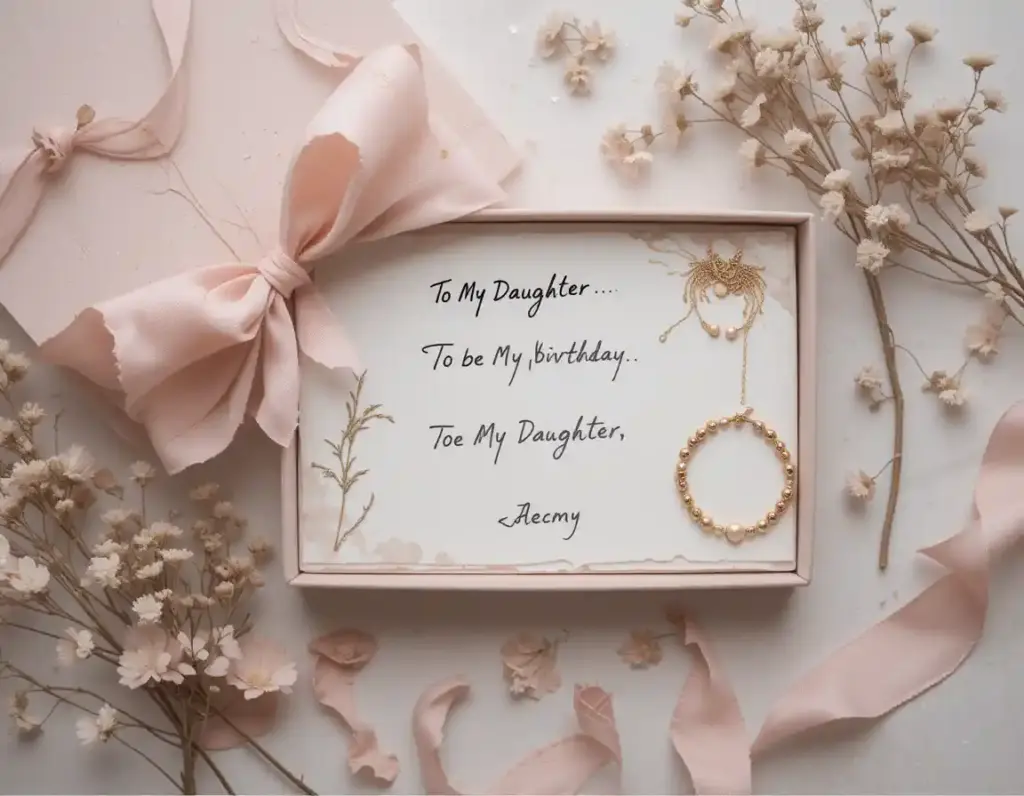 A sentimental birthday letter for a daughter with keepsakes and soft-toned gift wrapping.

