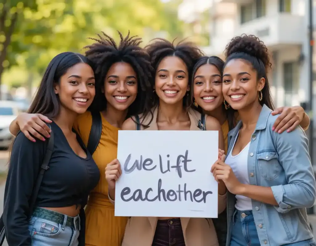 A group of diverse women standing together in unity, arms around each other’s shoulders, smiling with determination. Background includes natural light and soft-focus urban elements. One woman holds a sign that says, “We lift each other.
