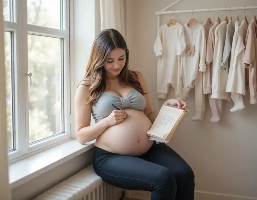 A pregnant mother writing a heartfelt message to her unborn baby in a quiet nursery setting.

