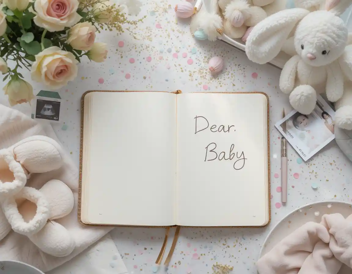 What To Write To An Unborn Baby For A Baby Shower — a journal with a letter to baby, surrounded by baby shower gifts and keepsakes.