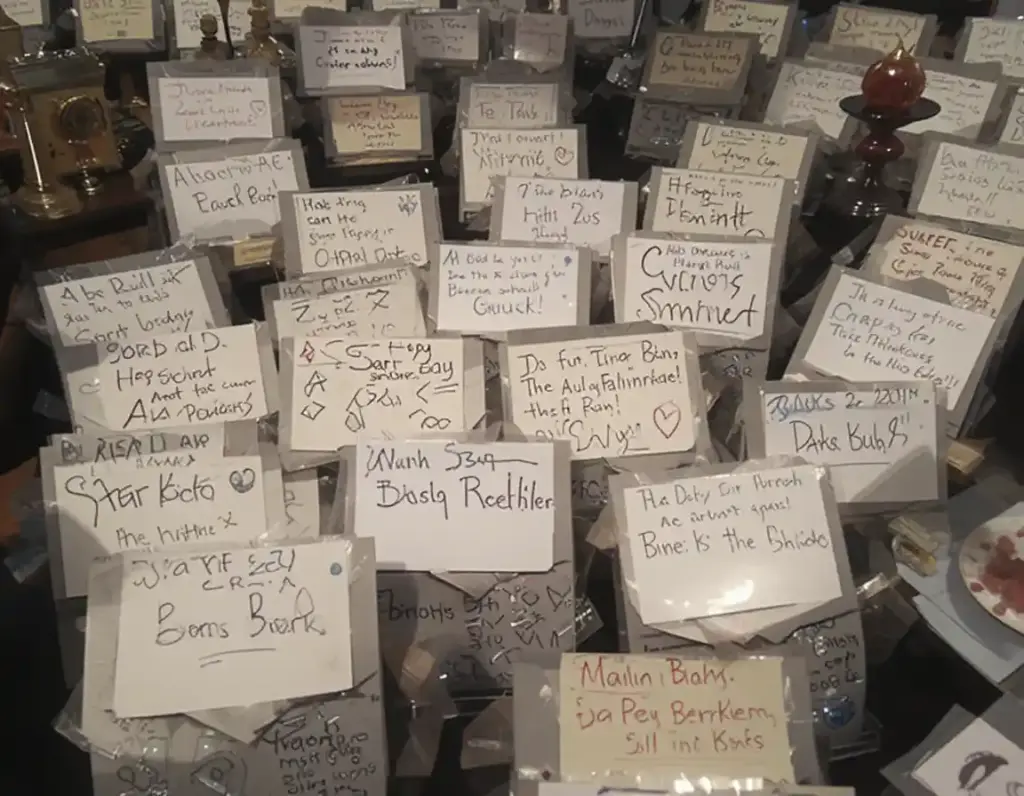 A baby shower table covered in handwritten notes and cards filled with loving messages for the unborn baby.

