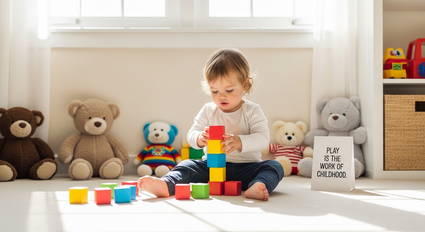 Short & Sweet Cute Child Play Quotes for Babies — a toddler playing with blocks in sunlight, surrounded by toys and a quote card saying “Play is the work of childhood.”