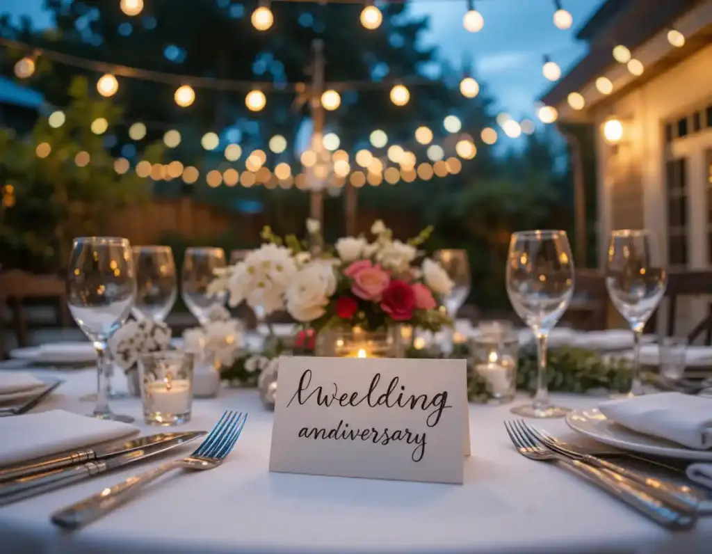 An intimate anniversary dinner setup with a handwritten Poe quote, candles, and romantic backyard lighting.