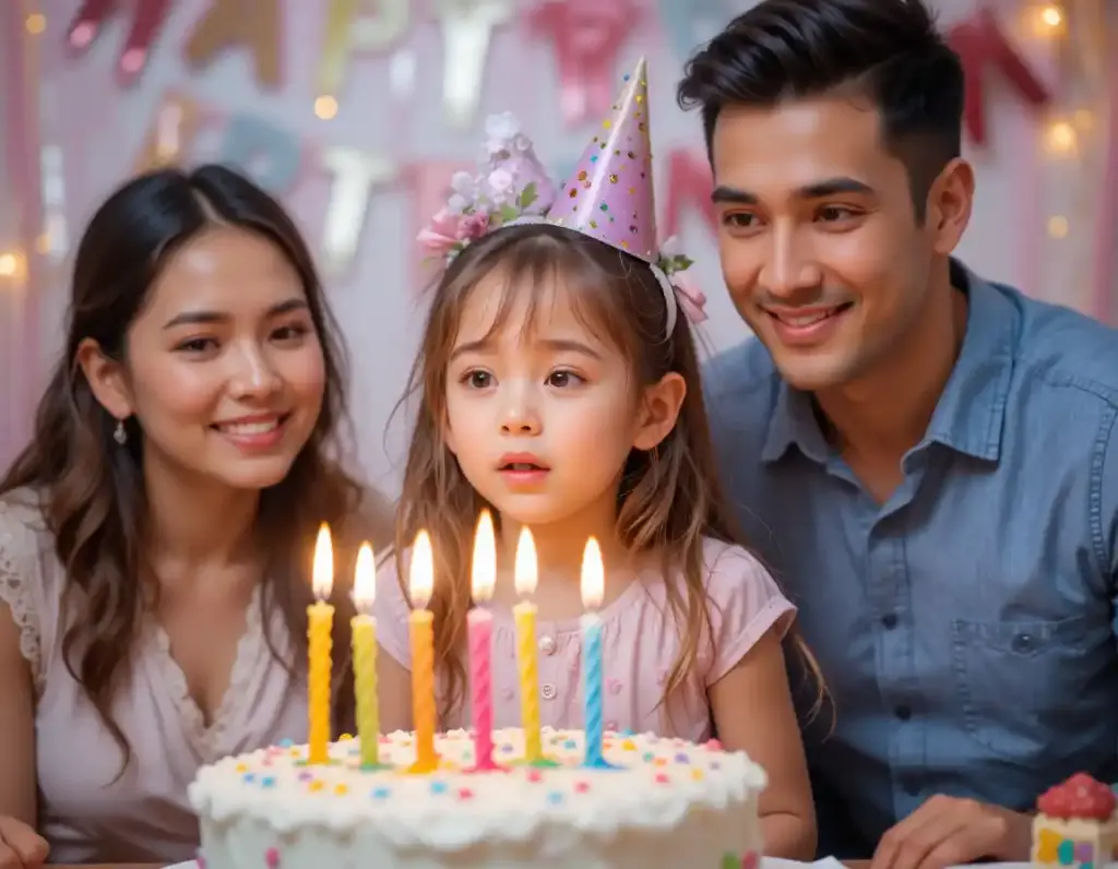 A daughter blowing out candles with her smiling parents nearby during a heartfelt birthday celebration.

