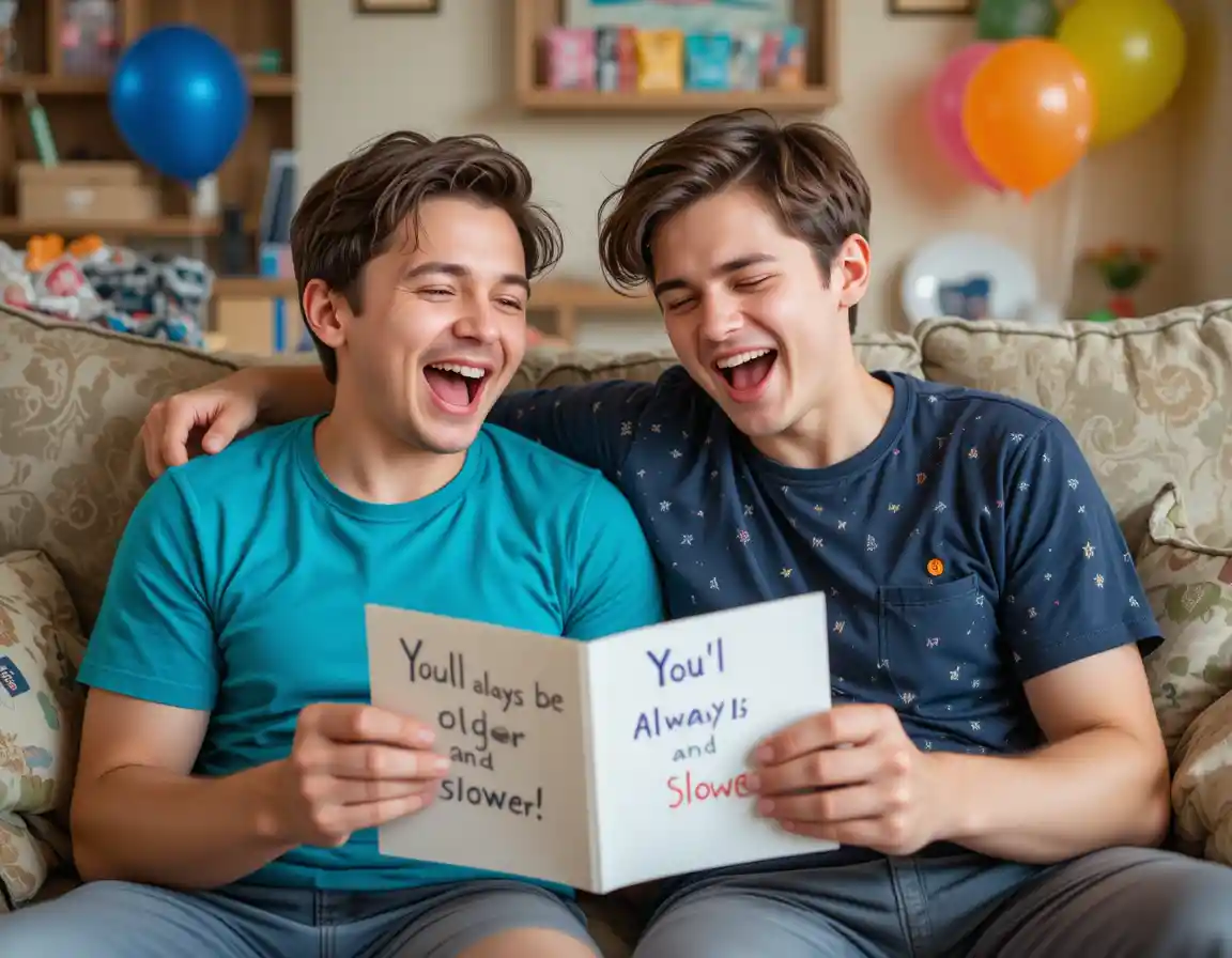 Real Happy Birthday Messages for Brother — two brothers laughing on a couch over a funny birthday card in a casual living room setting.