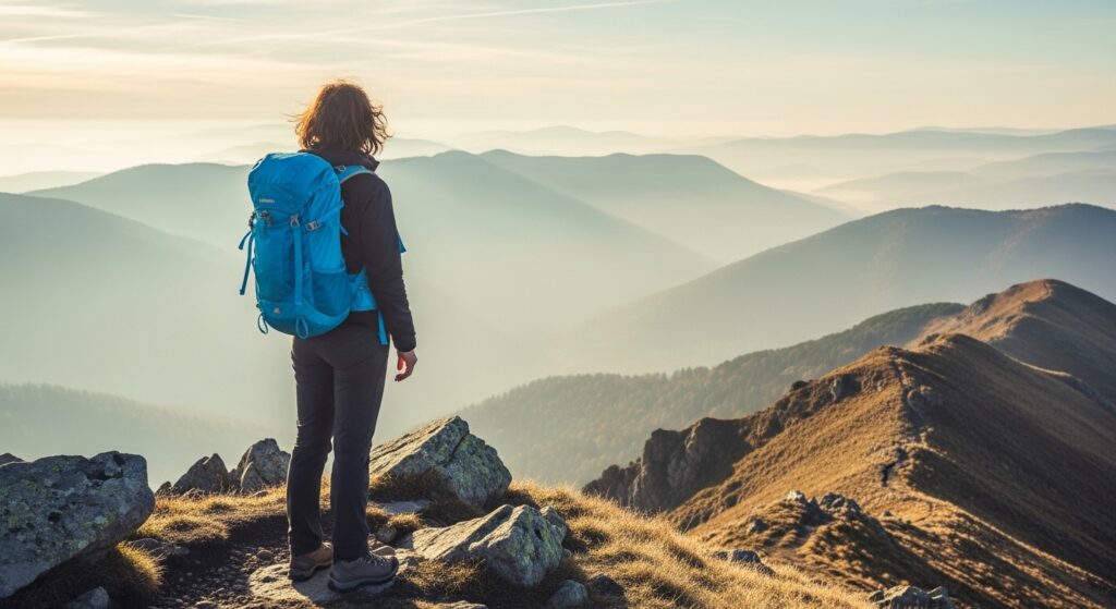 A lone traveler at sunrise on a mountain with the Anthony Bourdain quote “Travel isn’t always pretty… but it changes you.”