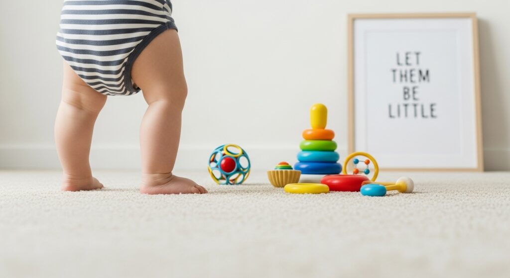 Tiny baby feet stepping over toys with a nursery print in the background that says “Let them be little.”