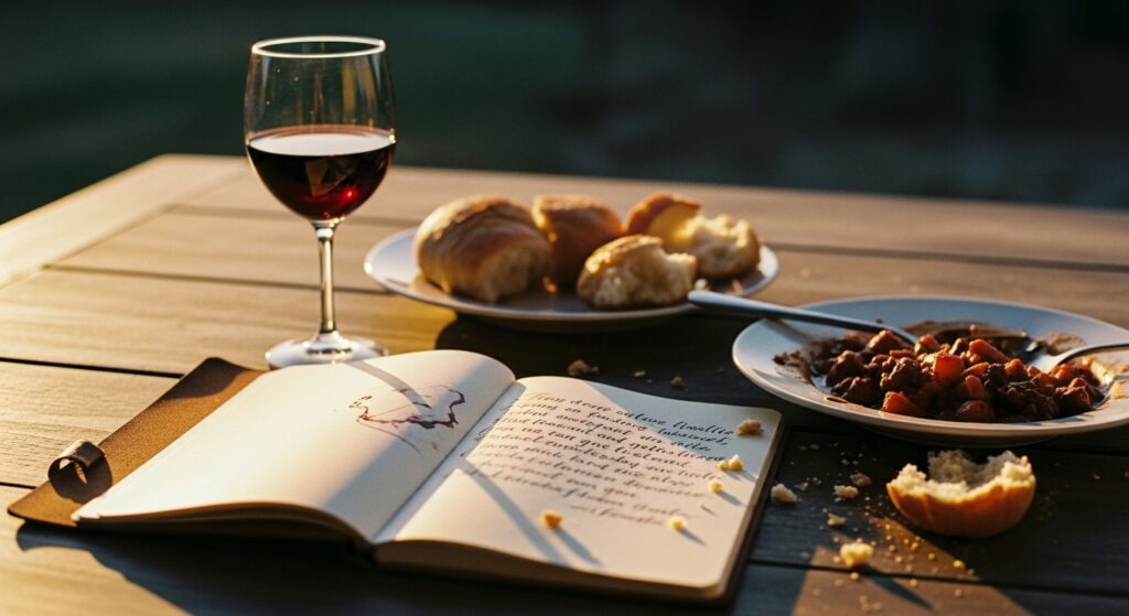 A rugged table with wine and a notebook featuring Anthony Bourdain’s quote “Your body is not a temple… enjoy the ride.”