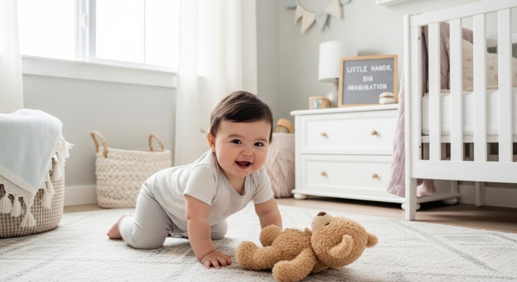 A baby crawling toward a teddy bear with a letterboard that says “Little hands, big imagination.”