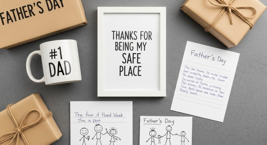 Father’s Day gift setup with a handwritten card, “#1 Dad” mug, and a framed quote saying “Thanks for being my safe place.”