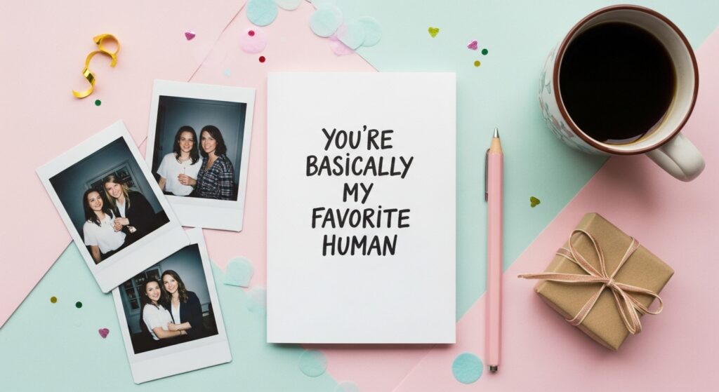 A birthday card for a friend with handwritten message, old photos, and confetti on a cozy tabletop.

