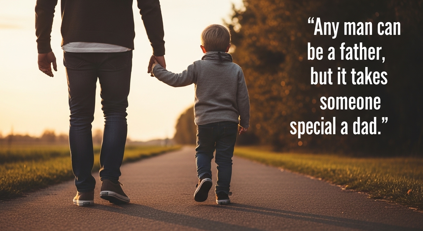 Father’s Day Quotes for Every Kind of Dad — a father and child walking at sunset with the quote “Any man can be a father, but it takes someone special to be a dad.”
