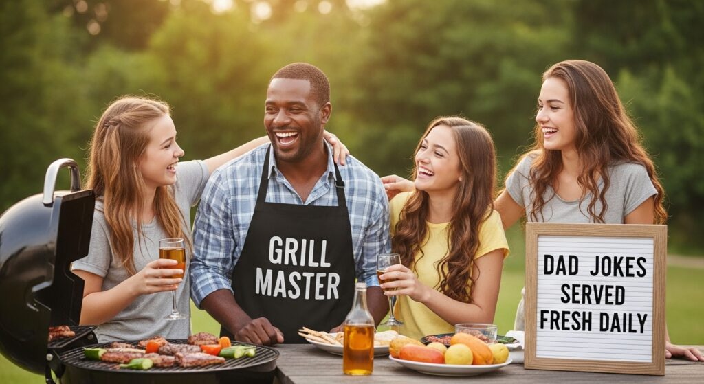 A cheerful Father’s Day barbecue with a dad in a “Grill Master” apron surrounded by laughing kids and a “Dad jokes” sign.