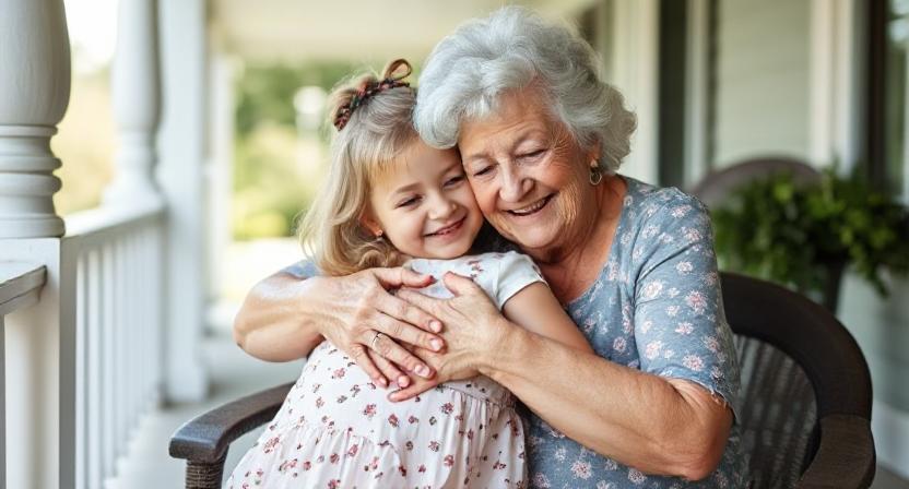 A grandma warmly embracing her granddaughter, as they sit on a porch together.