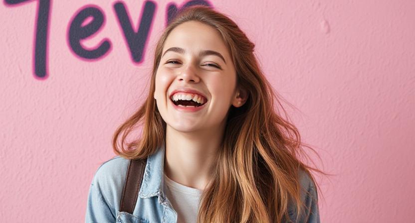 Teen girl happy laughing in printed message