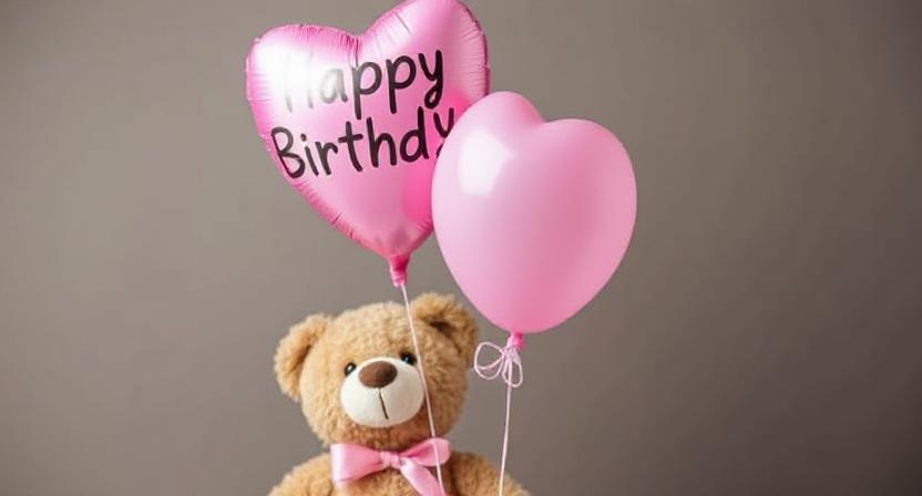 Teddy bear holding balloon for granddaughter’s birthday.