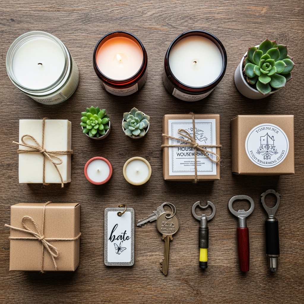 Various housewarming gifts displayed on wooden table