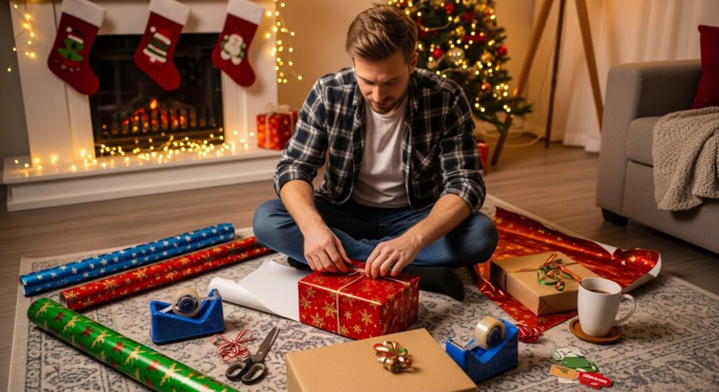 Man surrounded by various Christmas wrapping paper rolls and gift boxes