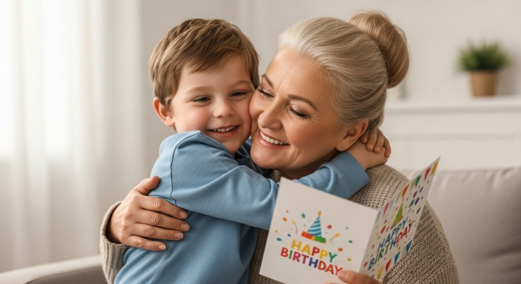 Smiling woman holding birthday card hugging teen grandson