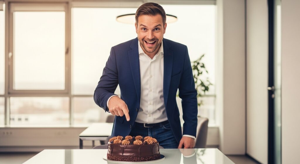  Fun office birthday scene with a coworker cracking jokes.