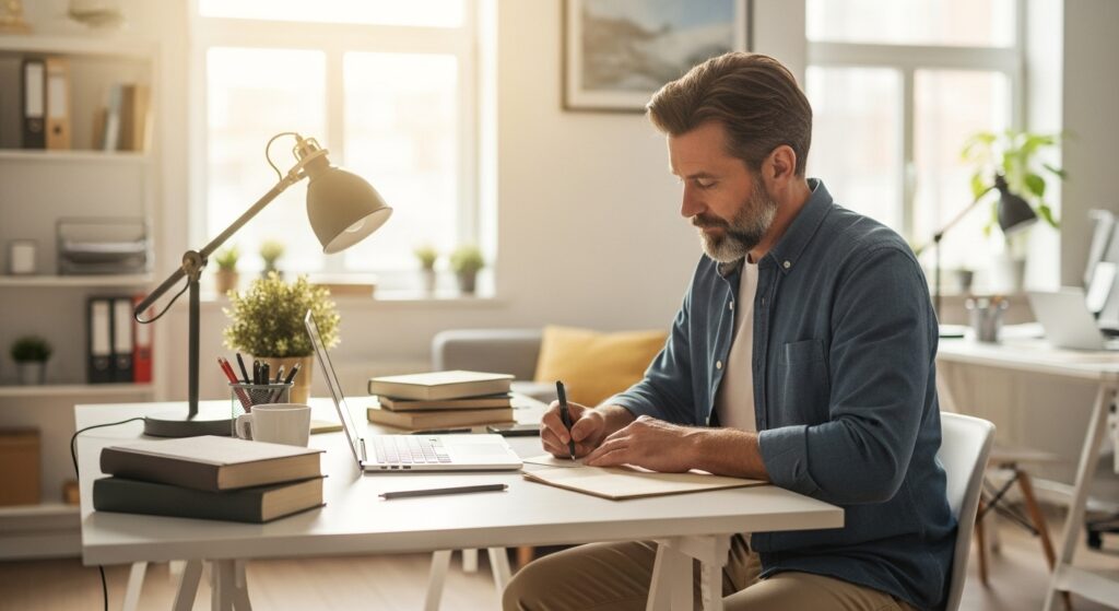 Man is writing retirement card message in office.