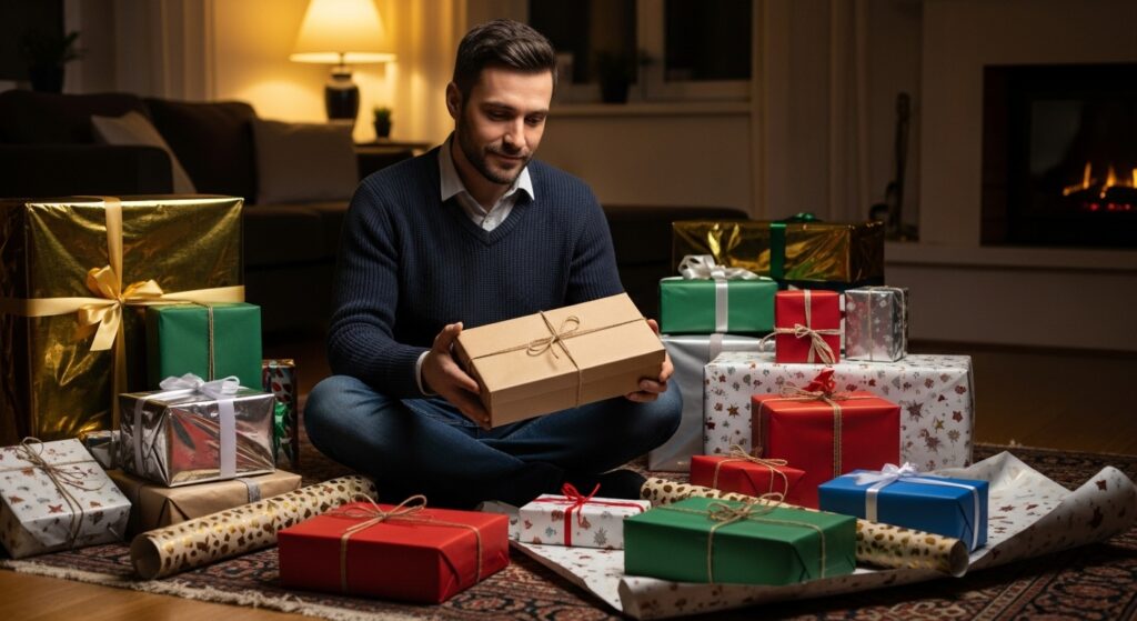 Man sitting with wrapped gifts, reflecting on the thought behind the wrapping paper