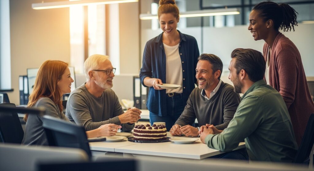  Casual birthday moment with team gathered in the workplace.