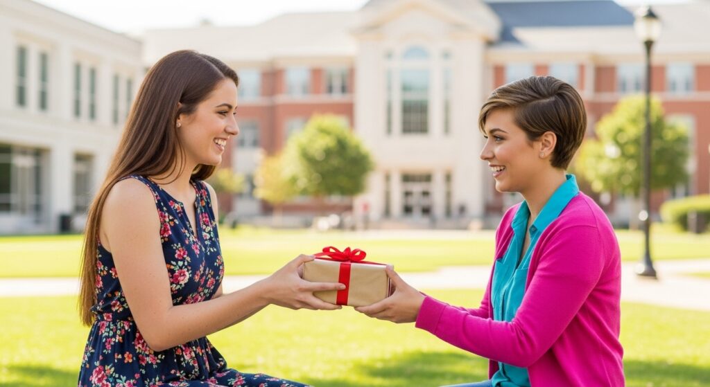 College grads exchanging thoughtful gift