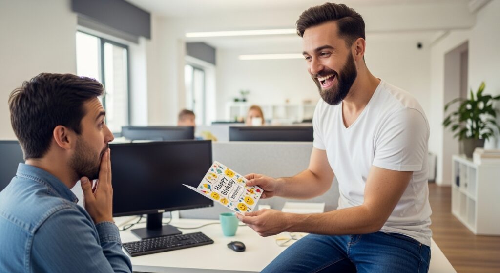 Coworker casually giving a birthday card at the office.