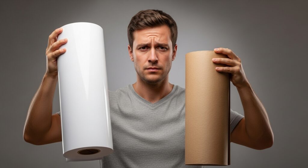  Comparing glossy and recyclable brown Christmas wrapping paper