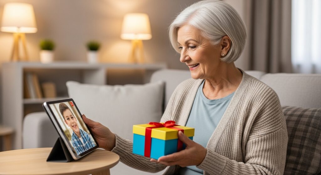 Virtual birthday cheers for grandmother while video calling with grandson