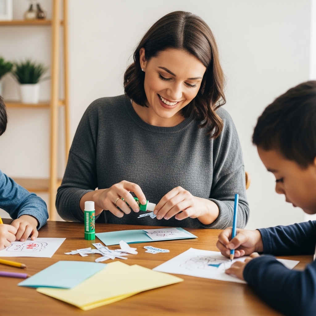 A woman who is smiling while she is putting small pieces of a handmade Father's Day card 