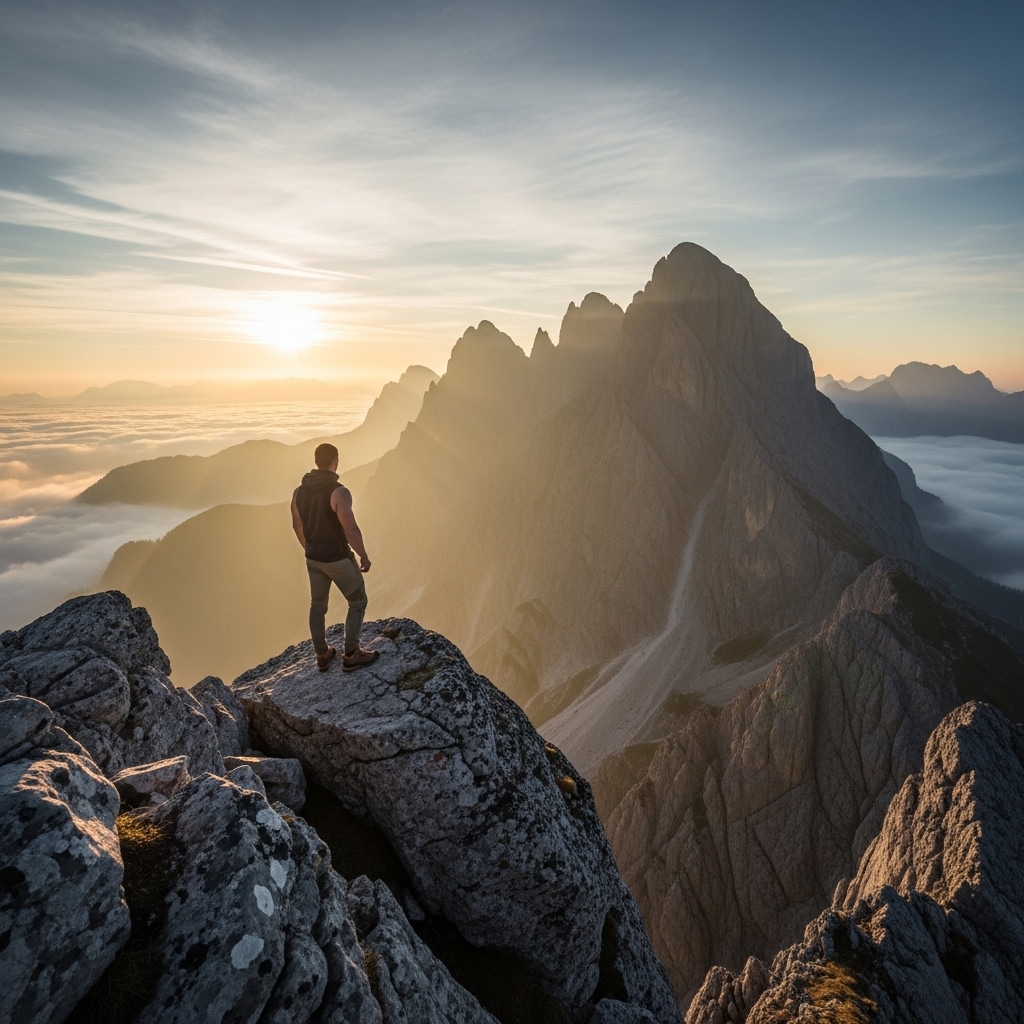 A serene mountain peak at dawn with a lone hiker