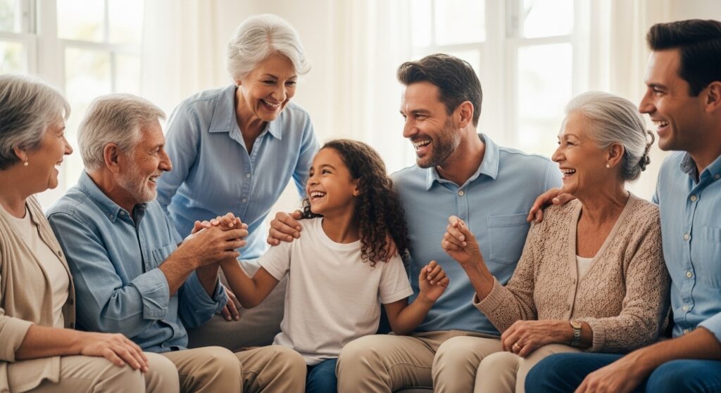 Inspirational quotes about family strength with cozy family setting.