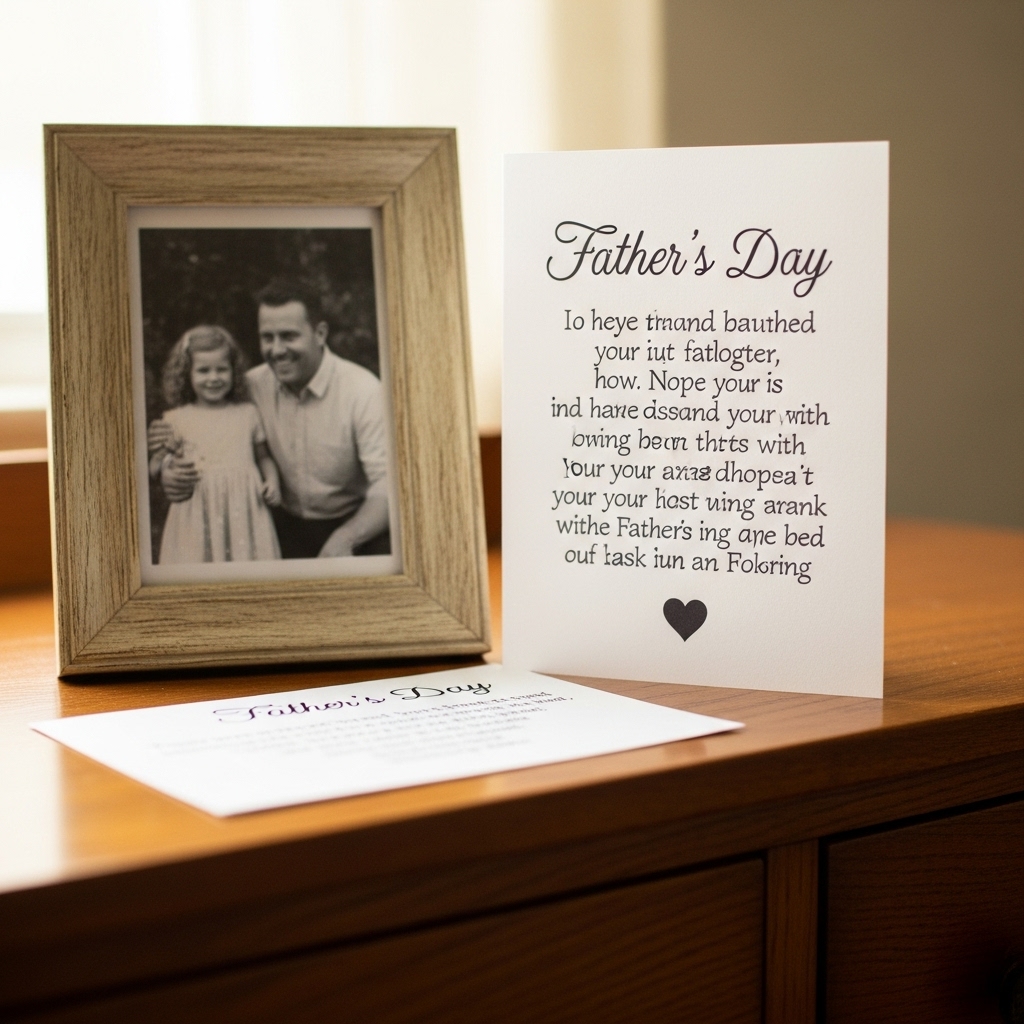 A Father's Day card written by a daughter to her dad is on a wooden dresser next to an old photo frame in close-up.