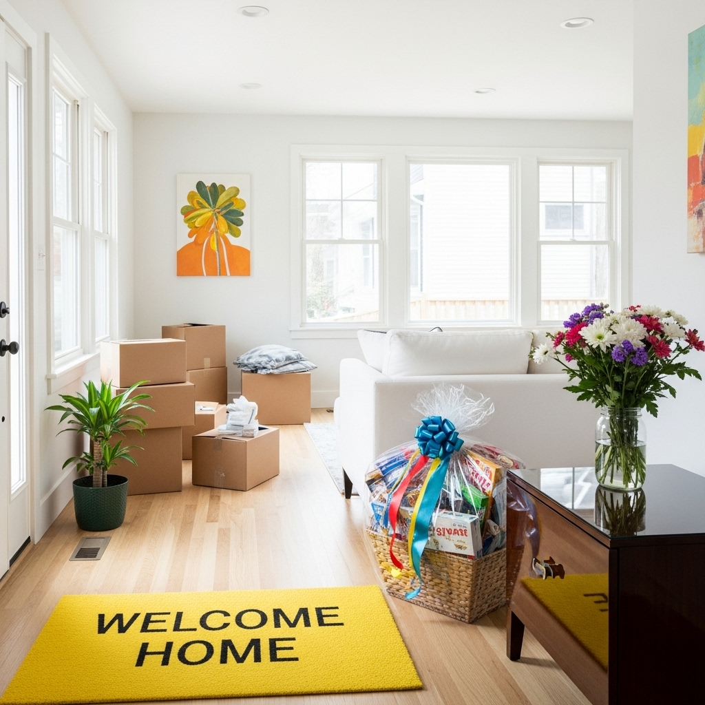 New living room with moving boxes, welcome mat, and gift basket