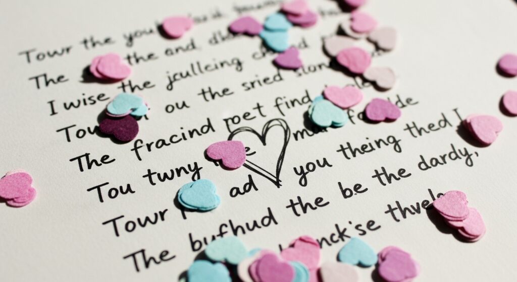 Taylor Swift-inspired handwritten lyrics with heart confetti