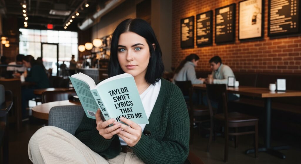 Reading Taylor Swift quotes in a cozy café setting