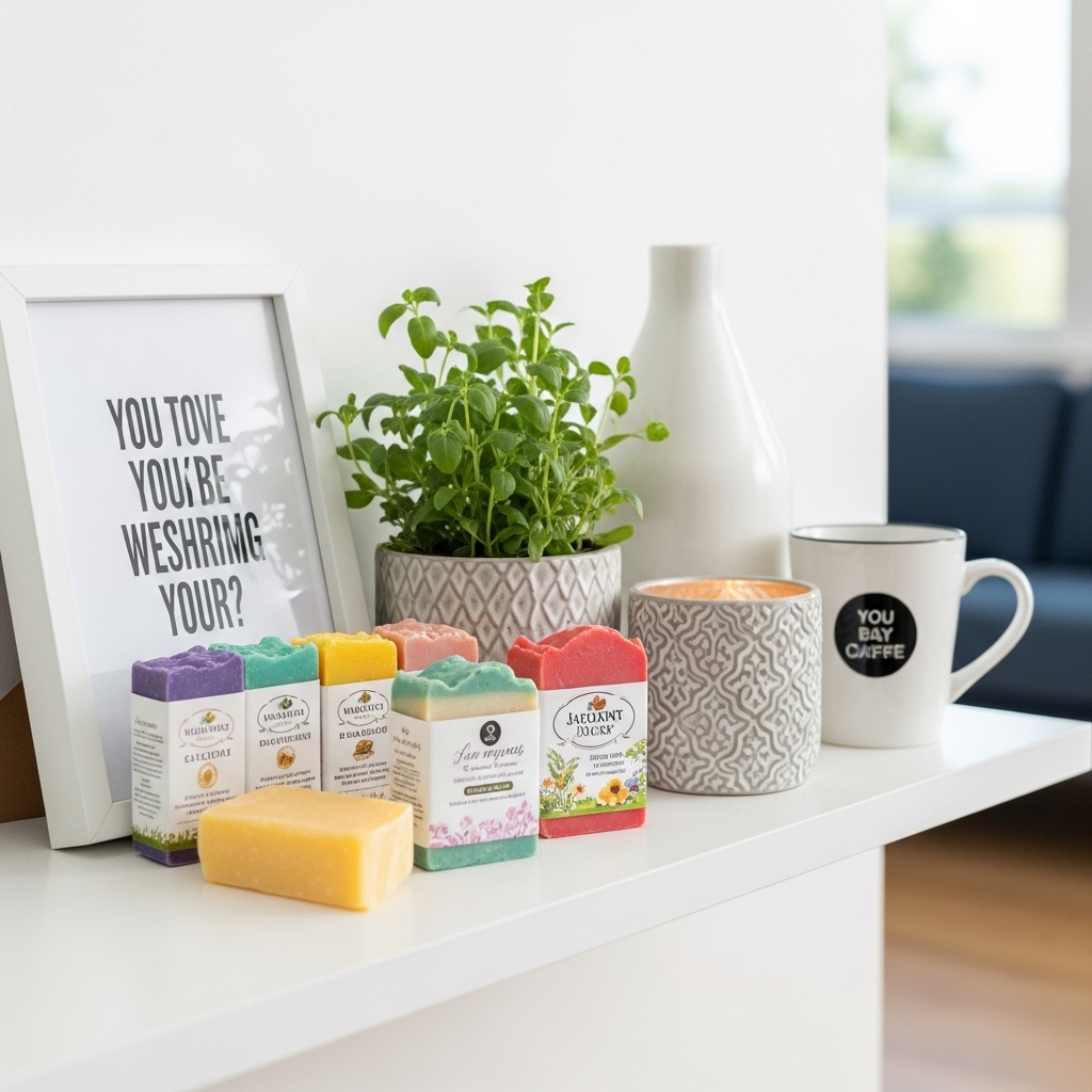 Assorted small thoughtful housewarming gifts on shelf