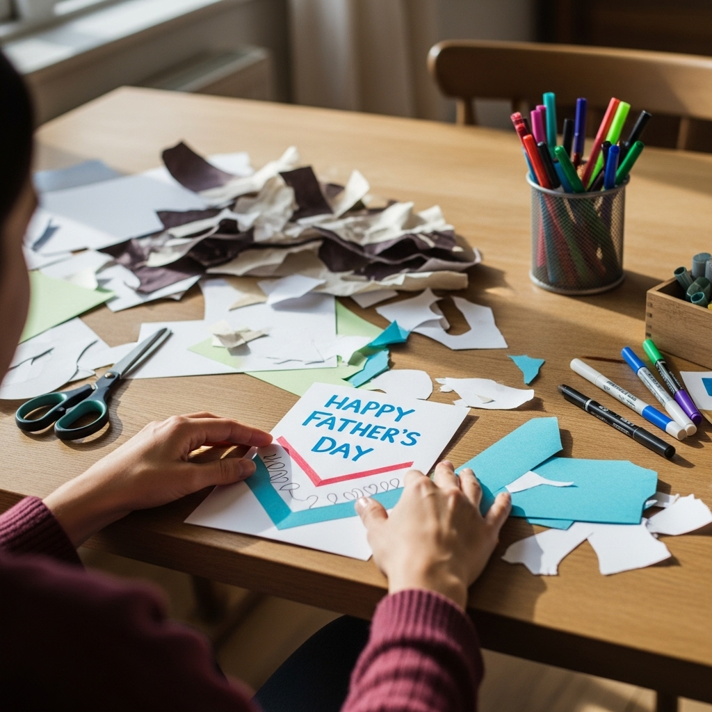 This photo involves a person's hands at a cozy kitchen table filled with scraps of paper, scissors, markers, and a half-done handmade Father's Day card.
