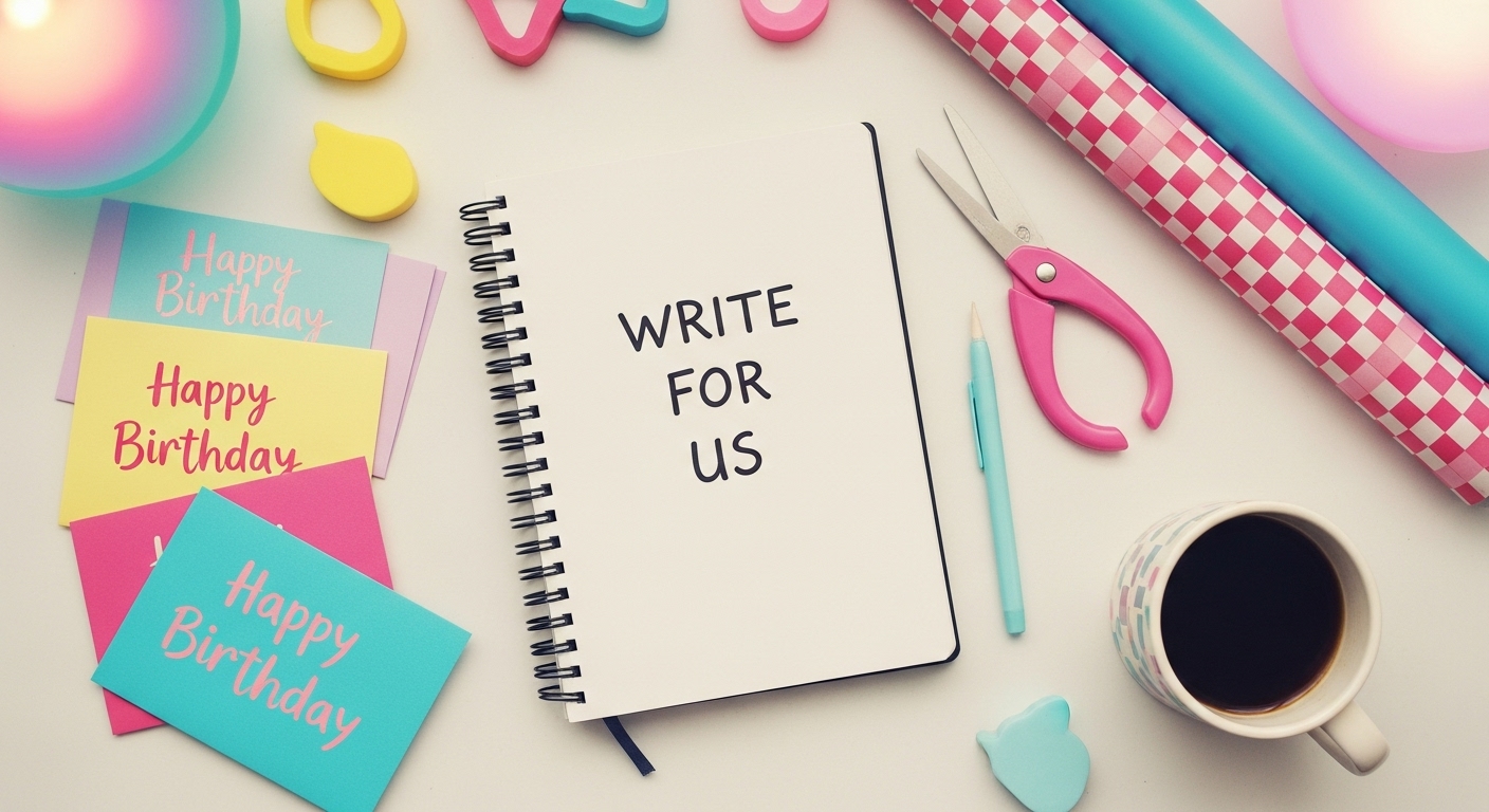 Write for Us notebook surrounded by birthday cards, gift wrap, and quotes — cozy desk setup for contributing writers