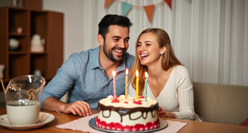 Husband and wife enjoying birthday cake together.