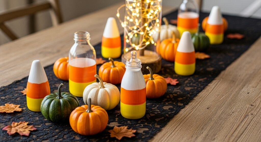 Halloween baby shower table with pumpkins and baby-themed décor.