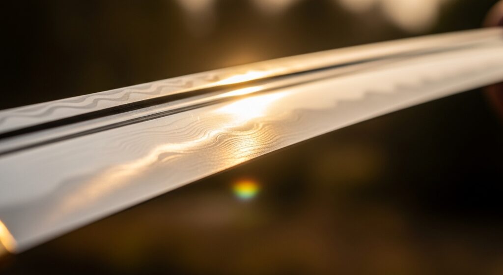 Razor-sharp katana blade reflecting morning light.