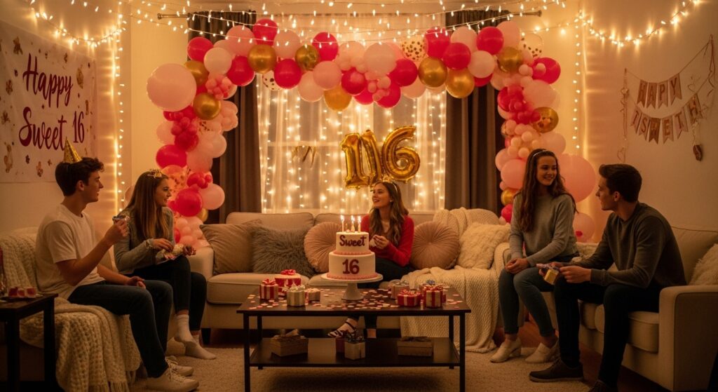 “An at-home Sweet 16 party setup with balloons and lights.